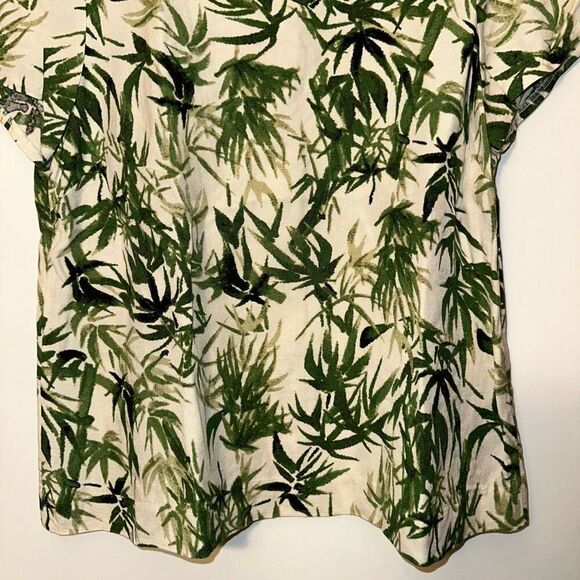 J. Jill Womens Linen Blend Button Back Tee Green Beige Tropical Palm Small EUC - Picture 2 of 11